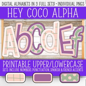 Alfabetsnummerset för tavlor - Hey CoCo | +Franska och spanska | Lärarväggar/dörr | Rutnät, Ränder, Prickar, Boho, Lugn AL55BOHC-A240