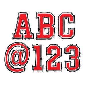 Doodle digital / Athletic Varsity Sports College School Letras rojas con acento gris / PNG / Paquete de imágenes prediseñadas del alfabeto dibujado a mano No.7b
