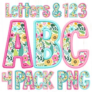 Fleur alphabet PNG, lot de 4 fausses broderies dessinés à la main motif floral printanier, lettres de fleurs, Pâques PNG, pastels, rose sarcelle, sublimation