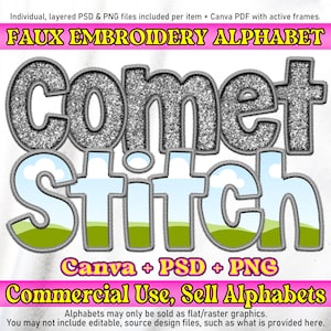 Puede incluir: Diseño de alfabeto de bordado falso con las palabras "comet stitch" en un estilo plateado brillante con un fondo de cielo azul y colinas verdes. Se incluyen archivos Canva, PSD y PNG.
