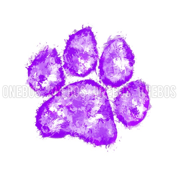 Paw PNG, Digital Element, Distress Splatter Patch, Grunge Airbrush Painted, Purple White, Bulldogs Cougars Lions Panthers Tigers Wildcats