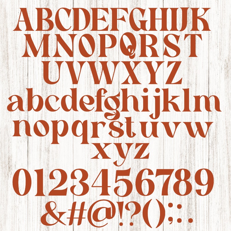 May include: A complete alphabet and number set in a serif font, displayed in a warm, reddish-brown color. The letters, numbers, and symbols are arranged on a white, wood-grain background, ideal for design projects.