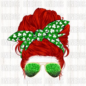 Red Head Messy Bun, Lazo de diadema verde con patrón de trébol blanco, estampado de trébol, cool chick, gafas de sol green glitter, sublimación y DTG