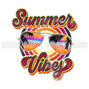 Summer Vibes Retro Circle Target PNG con Vintage Distress, gafas de sol con escena de playa y colores Groovy, sublimación Clipart imprimible