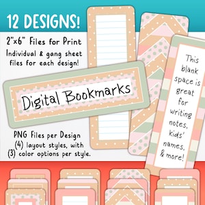 Marcadores digitais (para impressão), pacote de clipart conjunto de 12 | Forrado e em branco para DIY personalizado | Listras, Bolinhas, Calmo, Boho, Neutro BO55OK-A220