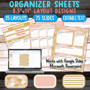 Op de afbeelding: Een set van 25 afdrukbare organizerbladen in het formaat 8,5 x 11 inch, met een roze en gouden kleurenschema met geometrische patronen. De bladen zijn ontworpen voor gebruik met Google Slides en Microsoft PowerPoint en bevatten bewerkbare tekstvakken. De tekst op de afbeelding luidt "ORGANIZER SHEETS 8.5"x11" LAYOUT DESIGNS 25 LAYOUTS 75 SLIDES EDITABLE TEXT TITLE BOX Title Box Title Box TITLE BOX Title Bow TITLE BOX Title Box Title Box Title B Title Box Title Box Works with Google Slides + Microsoft Powerpoint"