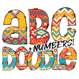 Digital Download | Doodle Aztec Pattern Fill 1 | PNG Clipart Bundle Alphabet Pack | Letters and Numbers