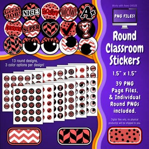 Stickerpakket | Individuele digitale stickers en Avery-velsjablonen | Geometrisch, cirkels, chevron, stippen, rood, zwart, wit ST55CK-A254