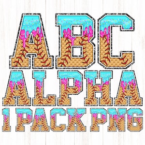 Baseball Softball Drip Alphabet PNG, Eistüte und Stiche, Sublimation Clipart Buchstaben und Zahlen, Aktiv, Varsity, College, Schule