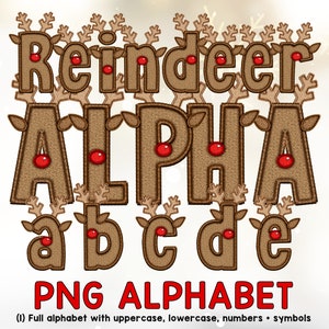 Kerst Rendier PNG Alfabet, Faux Borduur Klassieke Steek Patch, Decoratieve Letter Sublimatie Clipart Pack, Rudolph, Neus, Gewei
