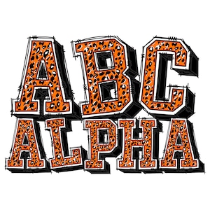 Digitale Doodle Alfabet PNG, Varsity College Sports Athletic 3d Shadow Letters, Zwart Oranje Wit, Leopard Cheetah Fill Pattern No.7b