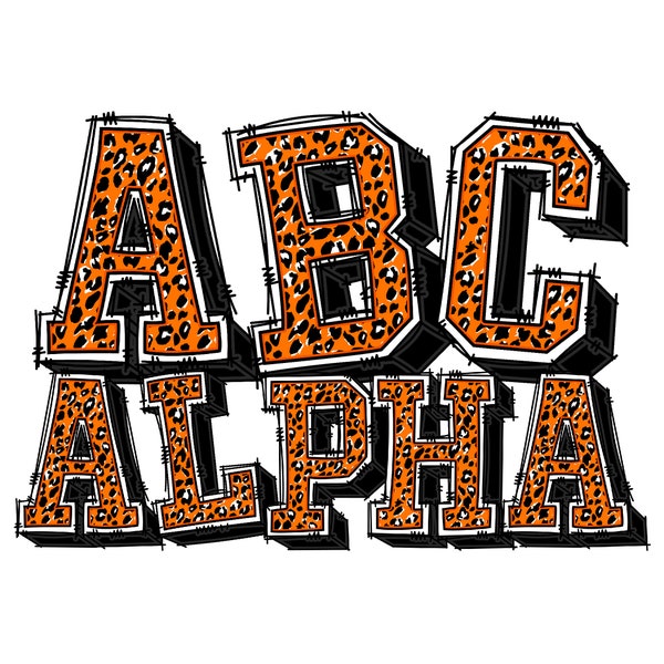 Digital Doodle Alphabet PNG, Varsity College Sports Athletic 3d Shadow Letters, Black Orange White, Leopard Cheetah Fill Pattern No.7b