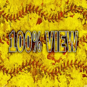 May include: A yellow and red textured background with a white outline of a baseball stitch pattern. The text "100% VIEW" is written in white with a black outline.