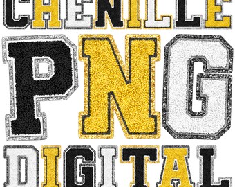 Digital Chenille Alphabet PNG, New Years, Gold Black Silver White, School Mascot, Varsity College Letters, Sublimation Print, Alpha Bundle