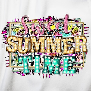Dulce verano PNG, diseño de leopardo de verano con elementos de letras de marquesina, colorido fondo de patrón de pincelada pop, arte de sublimación