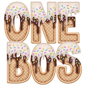 May include: The words "ONE BOSS" are spelled out in a waffle cone font with white frosting and chocolate sauce dripping down the sides. The frosting is decorated with colorful sprinkles.