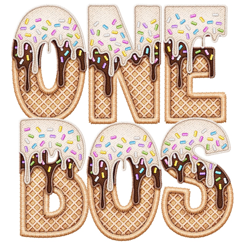 May include: The words "ONE BOSS" are spelled out in a waffle cone font with white frosting and chocolate sauce dripping down the sides. The frosting is decorated with colorful sprinkles.