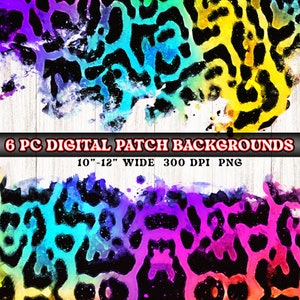 Pode incluir: Imagens de fundo digitais com um design vibrante de estampa de leopardo em cores do arco-íris. O texto diz "6 PC DIGITAL PATCH BACKGROUNDS" e "10"-12" WIDE 300 DPI PNG". Os fundos são adequados para projetos de arte digital.
