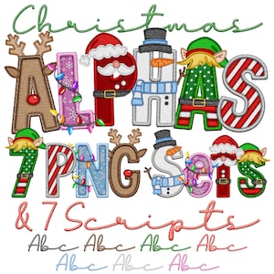 Paquete de 14 letras navideñas PNG, parche de puntada clásica con bordado falso, personajes, guiones, ciervo, elfo, muñeco de nieve, Papá Noel, luces y rayas