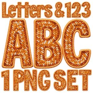 May include: Gold sequined letters and numbers, including the alphabet and numbers 123. The letters are outlined in a darker gold color. The text "Letters & 123 ABC 1 PNG SET" is also included in the image.