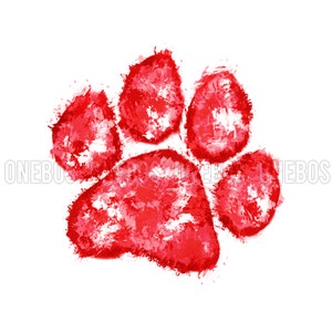 Puede incluir: Una huella de pata roja de acuarela con efecto de salpicadura.