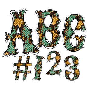 Digital Download | Western Doodle Snakeskin Pattern 2 Fill | PNG Clipart Bundle Alphabet Pack | Letters and Numbers