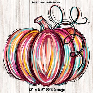 May include: A colorful abstract pumpkin with a black swirl stem. The pumpkin is painted in shades of pink, yellow, orange, blue, and white. The image is 12 inches by 11.5 inches.