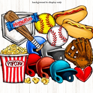 Baseball Bundle PNG, Sketchy Doodle Hand Drawn Digital Element Pack, File Download for Sublimation, Softball Ball, Bat, Concessions, Helmet