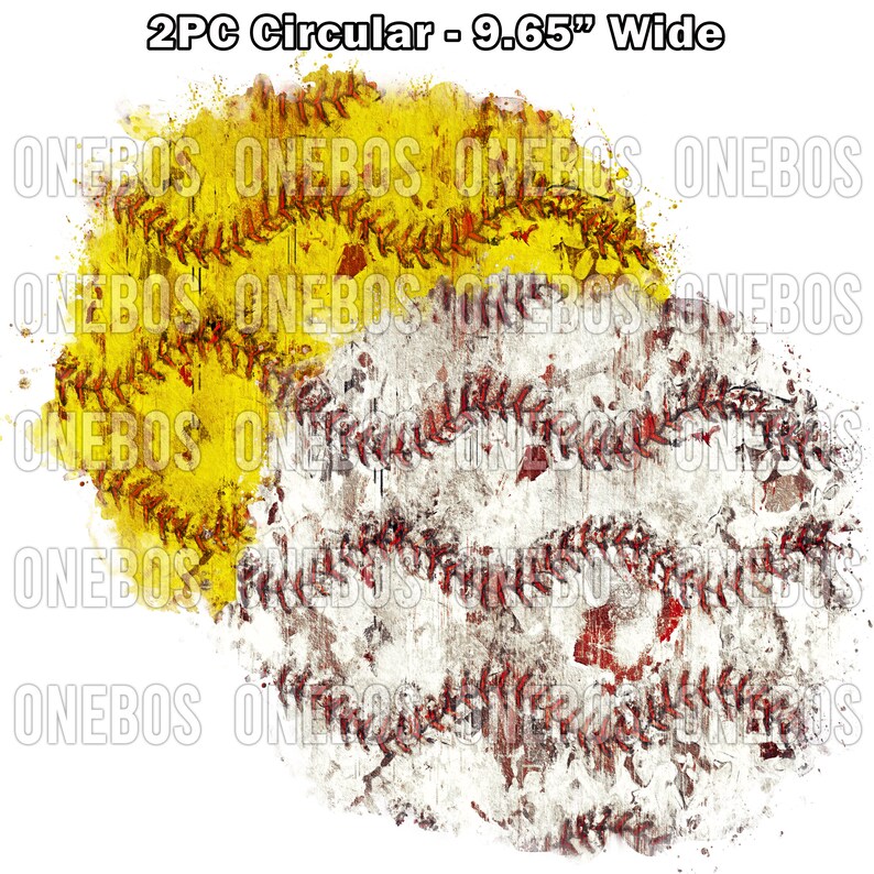 May include: Two circular, distressed, softball-style designs in yellow and white with red stitching. The design is 9.65 inches wide.