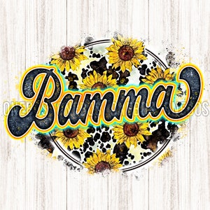Digital Bamma PNG mit Kuh Sonnenblume Print | Retro Buchstaben Aquarell Textur | Cooles Grunge Circle Sublimation Design | Printable Transfer