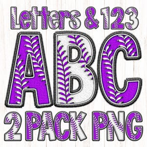 May include: Purple and white letters and numbers with a baseball stitch design. The letters spell out "ABC" and the numbers spell out "123". The text "2 PACK PNG" is also included in the image.