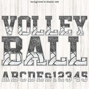 Alfabeto di pallavolo, modello di pannelli con glitter nero, College School Athletic Full Block Sports Clipart Alphabet Letters per il download digitale