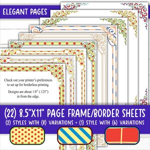 May include: Twenty-two 8.5 by 11 inch printable page frame or border sheets.  The sheets feature two styles of frames with eight variations each, and one style with six variations.  The frames are in yellow, red, and blue with polka dots, stripes, and a solid red design.