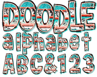 May include: Doodle alphabet font with turquoise, red, and white stripes. The letters are outlined in black and have a stitched look. The letters include D, O, O, D, L, E, a, l, p, h, a, b, e, t, A, B, C, &, 1, 2, and 3.