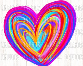 Valentine&#39;s Clipart, Painted Hand Drawn Digital Heart, Rainbow Pink Colorful PNG, Love Heart, Texture, Design for Sublimation, Transfer