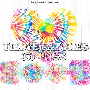 Puede incluir: Cinco patrones de tie-dye coloridos en forma de corazón con el texto "Tie Dye Patches (5) PNGs".