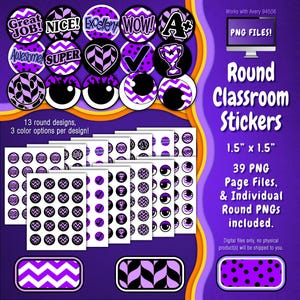 Stickerpakket | Individuele digitale stickers en Avery-velsjablonen | Geometrisch, chevron, stippen, paars, zwart, wit ST55CK-A257