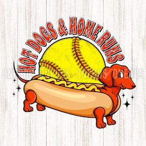 Hot Dogs & Home Runs, Funny Softball File with Hotdog Weiner Dog, School Game Day Clipart, Sublimation, Trendy Boho, Stars, Groovy Font