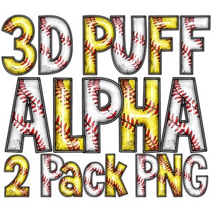 Aufgeblasenes Softball Baseball Alphabete PNG Bundle, 2er-Pack Digitale 3D Puff-Stil, klassisches Alpha, Schulsportbriefe, Weiß, Gelb, Rot