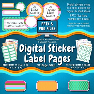 Könnte beinhalten: Ein digitales Sticker-Etiketten-Seitenset mit 42 Seiten. Das Set enthält 21 linierte Blätter, 21 reguläre Etikettenblätter und verschiedene Größen runder und rechteckiger Etiketten. Die Etiketten sind in drei Farboptionen erhältlich: grün, orange und pink. Die Etiketten sind kompatibel mit Google Slides und Microsoft PowerPoint. PPTX- und PNG-Dateien.