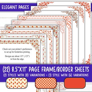 Könnte beinhalten: Satz von 22 bedruckbaren 8,5" x 11" Seitenrahmen- und Randblättern. Die Rahmen zeigen eine Vielzahl von verzierten Designs in Rot und Weiß. Der Text "ELEGANT PAGES" befindet sich oben im Bild. Der Text "(22) 8.5"X11" PAGE FRAME/BORDER SHEETS" befindet sich unten im Bild. Der Text "(2) STYLES WITH (8) VARIATIONS + (1) STYLE WITH (6) VARIATIONS" befindet sich unter dem Text "(22) 8.5"X11" PAGE FRAME/BORDER SHEETS".