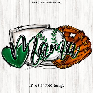 Baseball Mama PNG, Illustrazione Doodle, Download digitale con palla, Cuore, Guanto, Piatto di casa, Collage di clipart, Kelly Verde Bianco Nero