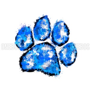 May include: A blue paw print with a white and gray splatter paint design. The paw print is outlined in black.