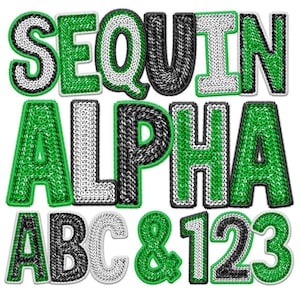 May include: Sequin alphabet letters and numbers in black, white, and green. The letters spell out "SEQUIN ALPHA ABC & 123".