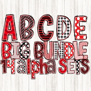 Großes Alphabet Bundle, 14 Sets, Rot Schwarz Weiß, Funky Plaid Polka Dot Chevron Stripes, Doodle VS3, Mix Match, Gemusterte Buchstaben Sublimation