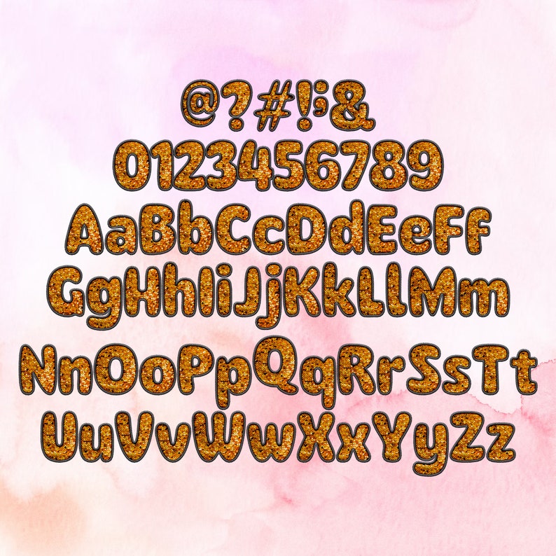 May include: Gold glitter alphabet with uppercase letters, lowercase letters, numbers 0-9, and symbols @, ?, #, !, and &. The letters and numbers are outlined in black.