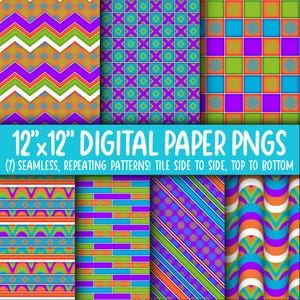 Behangachtergrond: digitaal papier | Naadloos | Bloemen, diamant, ruit, groovy, helder, neon, oranje, blauw, paars, groen WA55LL-A260