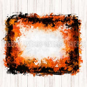 May include: Abstract orange and black paint splatters create a frame around a white background. The paint splatters are in a rough, textured style.