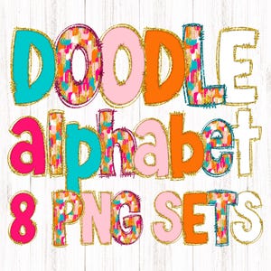 Pode incluir: Alfabeto doodle com 8 conjuntos PNG. As letras estão em um padrão abstrato colorido com detalhes de glitter dourado. As letras são rosa, laranja, turquesa e vermelho.