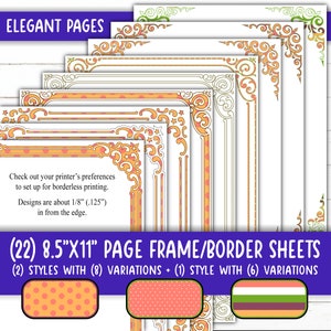 Könnte beinhalten: Ein Satz von 22 druckbaren 8,5" x 11" Seitenrahmen- oder Randblättern. Die Blätter zeigen zwei Rahmenstile mit jeweils acht Variationen sowie einen Stil mit sechs Variationen. Die Rahmen sind im Vintage-Stil mit verzierten Details in Gold, Orange und Grün gehalten.